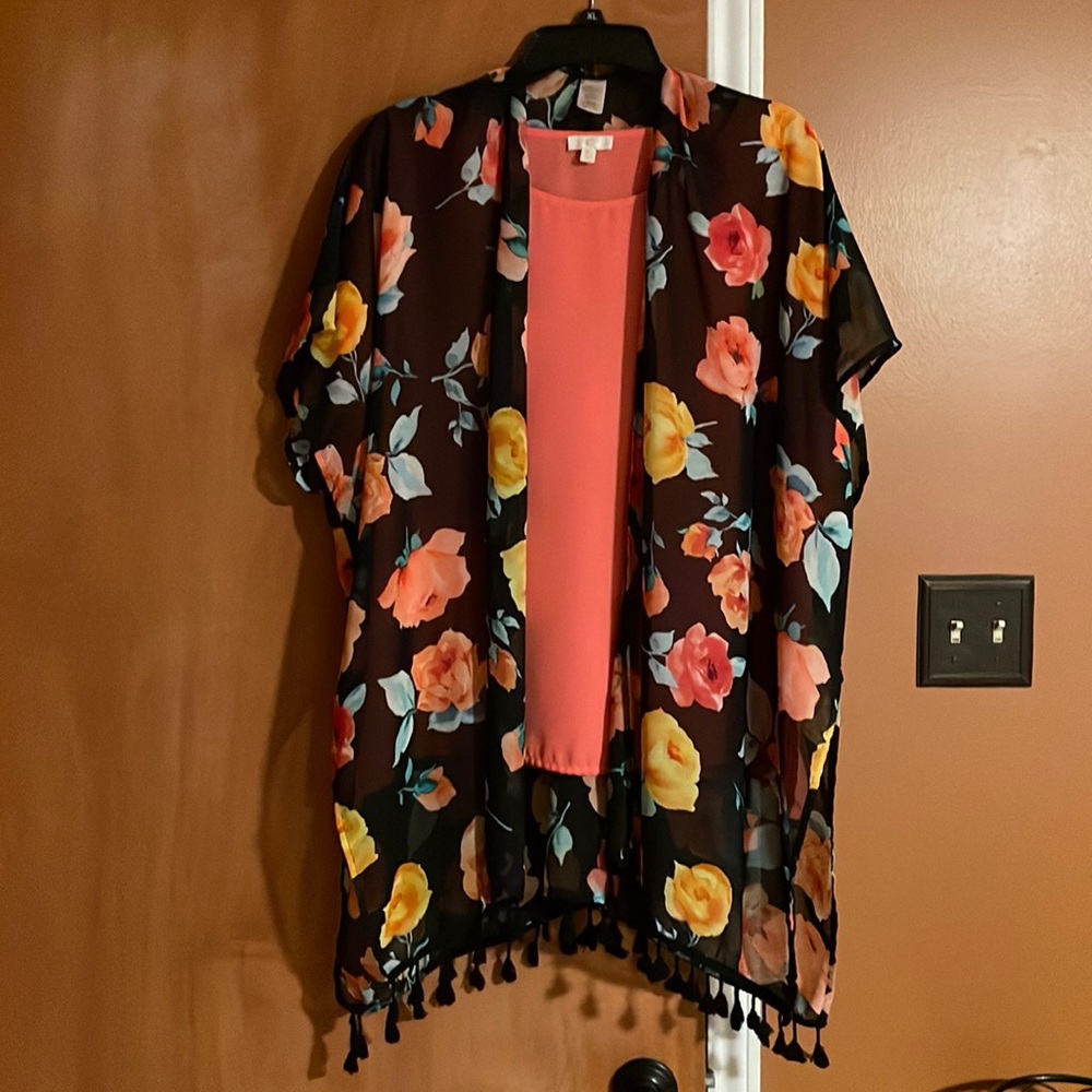 Peach blouse with black floral kimono